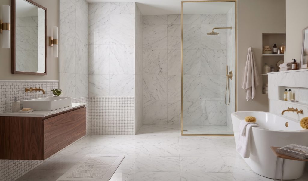 Spacious modern bathroom with white marble tile walls and floors, featuring a walk-in glass shower with gold fixtures, a freestanding white soaking tub, and a floating wood vanity with a white vessel sink.
