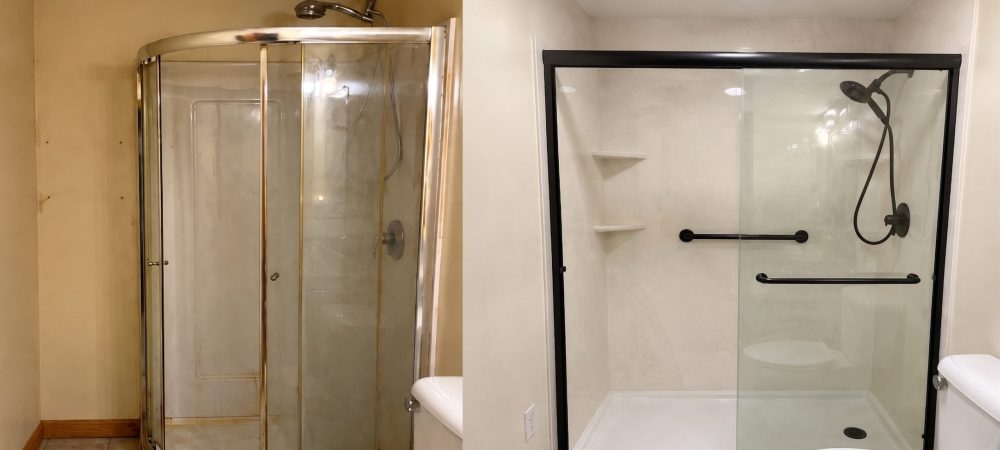 Side-by-side before and after comparison of a bathroom shower renovation. The left side shows an outdated shower. The right side shows a modern, rectangular walk-in shower with clean white wall panels, matte black frames, built-in shelving, a grab bar, and a handheld showerhead.